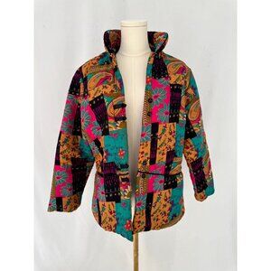 90s vintage colorful boho patchwork silk cotton light puffy collared jacket coat